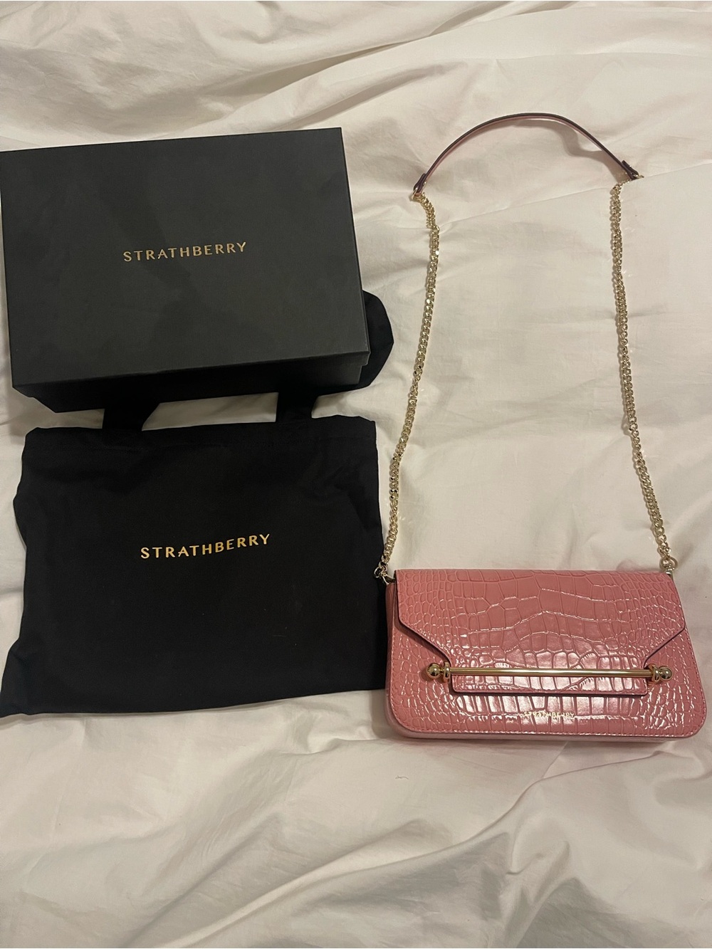 Strathberry Pink Croc-Embossed Mini Chain Crossbody with Gold Hardware